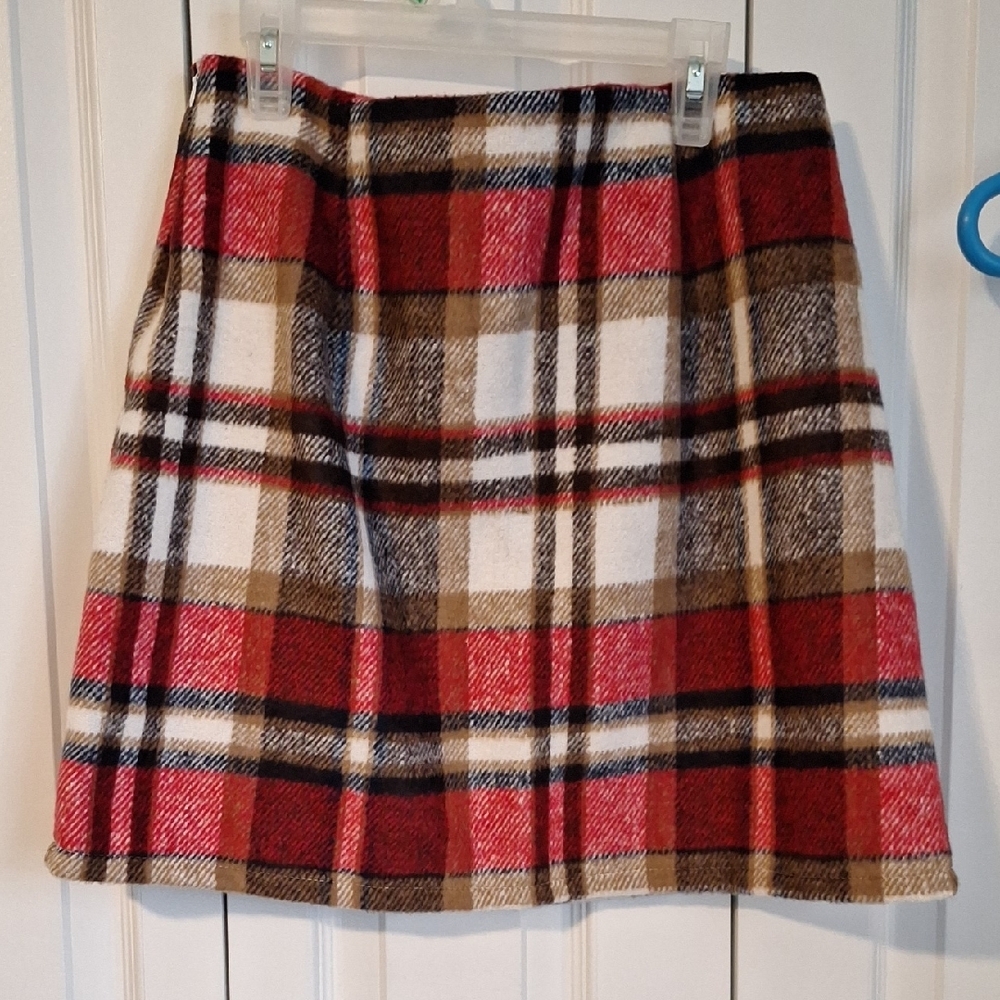 Plaid A-Line Skirt - Red, Brown, and White